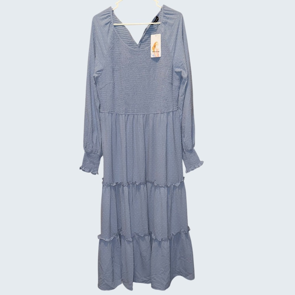 PrettyGarden Blue Swiss Dot Smocked Maxi Dress Long Sleeve Tiered XXL NWT Fairy